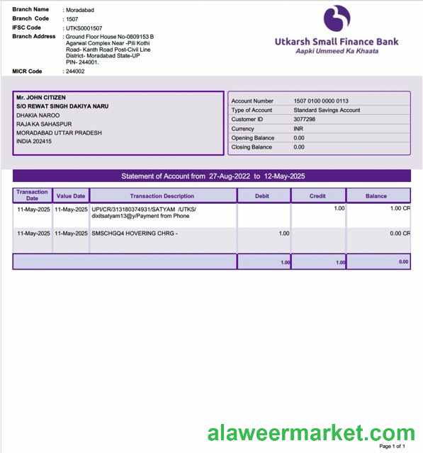India Utkarsh Small Finance Bank statement of account Word and PDF template